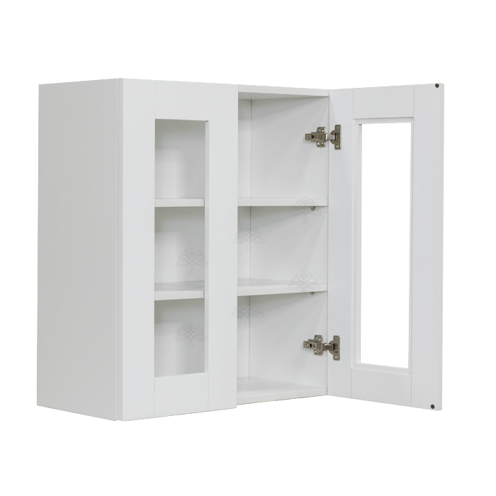 Anchester White Wall Mullion Door Cabinet 2 Doors 2 Adjustable Shelves 30 Inch Height Glass Not Included