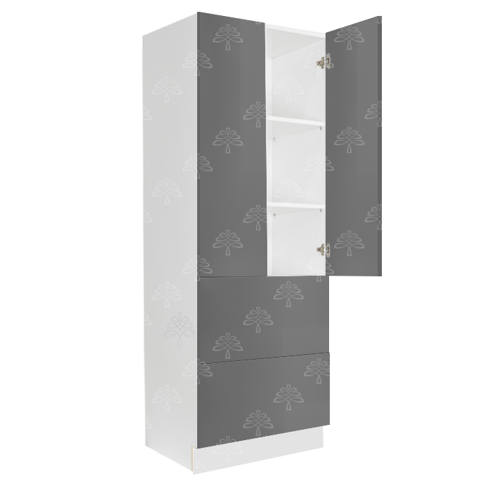 Valencia Gray Series Finish Pantry Cabinet with Inverted Door and 2 Doors and 2 Drawers