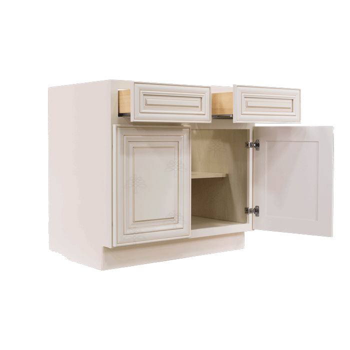 Princeton Creamy White Glazed Base Cabinet 2 Drawers 2 Doors 1 Adjustable Shelf