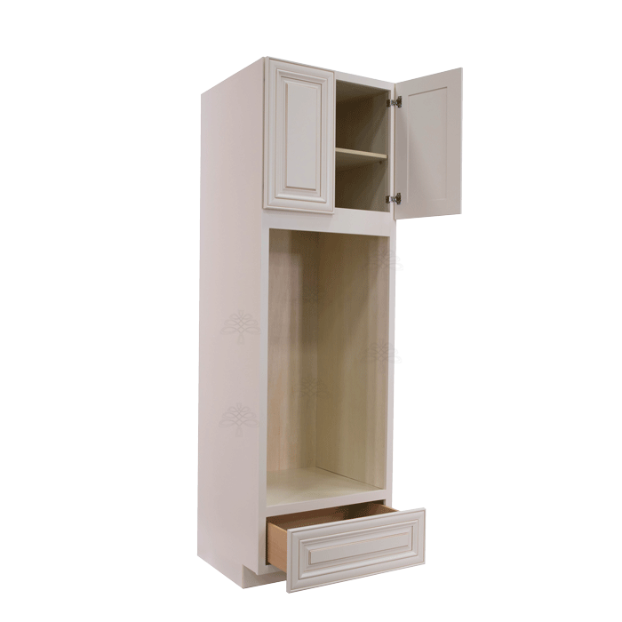 Princeton Creamy White Glazed Tall Double Oven Cabinet 2 Upper Doors and 1 Lower Drawer