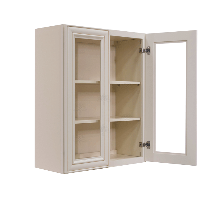 Princeton Creamy White Glazed Wall Mullion Door Cabinet 2 Doors 2 Adjustable Shelves Glass not Included