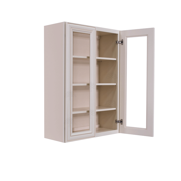 Princeton Creamy White Glazed Wall Mullion Door Cabinet 2 Doors 3 Adjustable Shelves Glass not Included