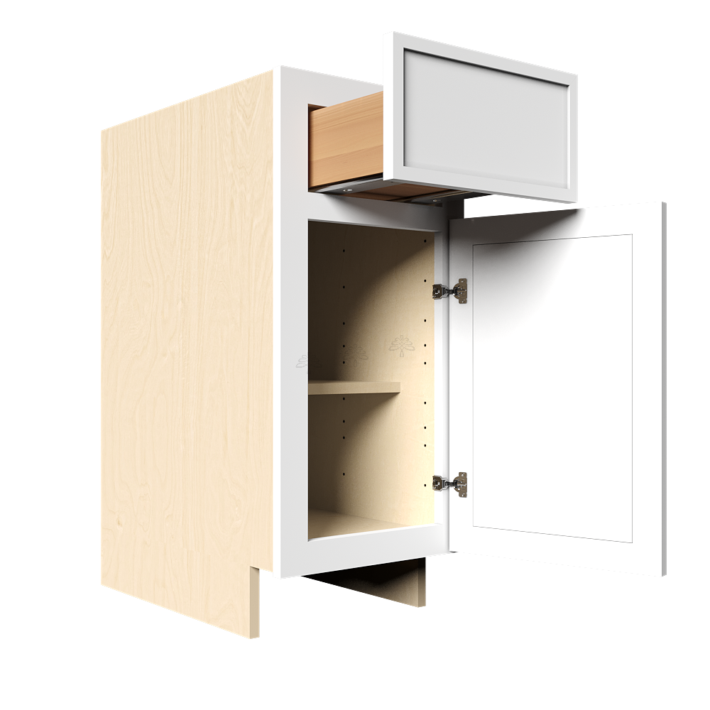 Urban Slim White Shaker Painted Finish Base Cabinet with 1 Drawer 1 Door and 1 Shelf