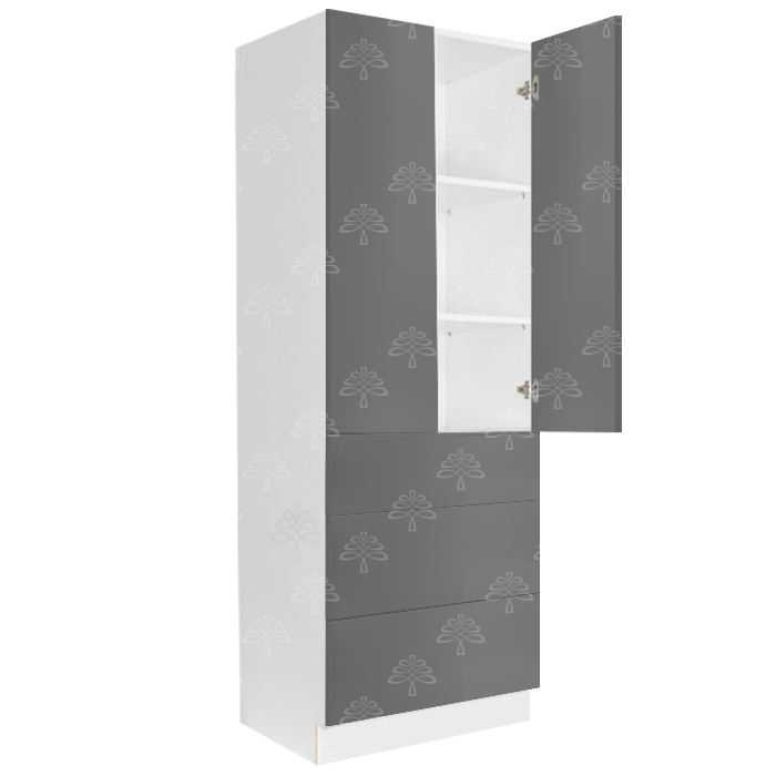 Valencia Gray Series Finish Pantry Cabinet with Inverted Door and 2 Doors and 3 Drawers