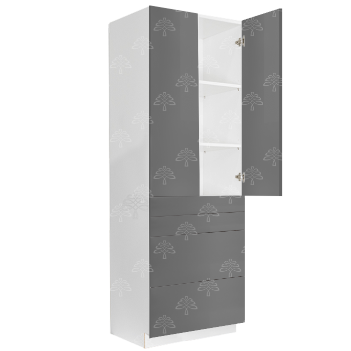 Valencia Gray Series Finish Pantry Cabinet with Inverted Door and 2 Doors and 4 Drawers